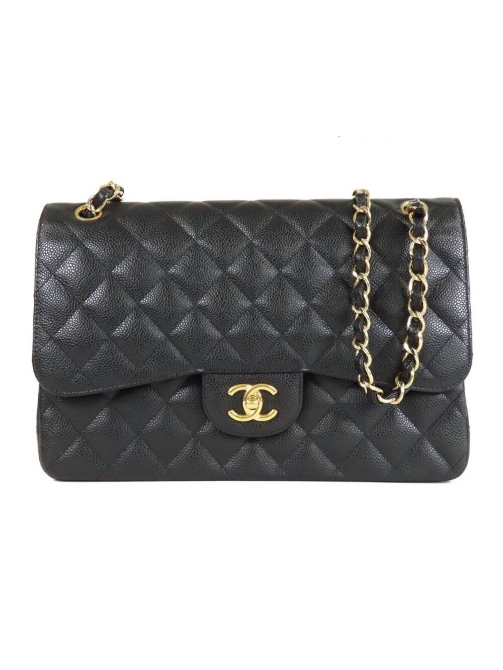 Chanel Classic Large Black Gold Caviar Leather Chain Shoulder Bag